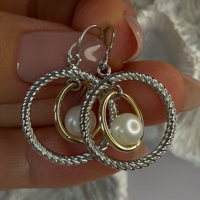 Elegant Design 925 Sterling Silver Gold Plated Part Pearl Earrings Length 1.30