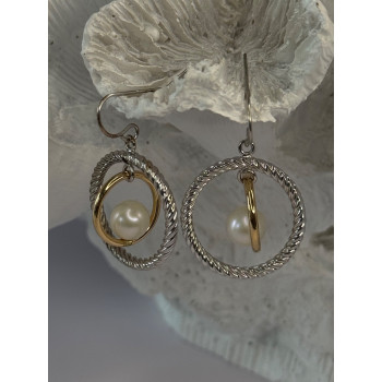 Elegant Design 925 Sterling Silver Gold Plated Part Pearl Earrings Length 1.30