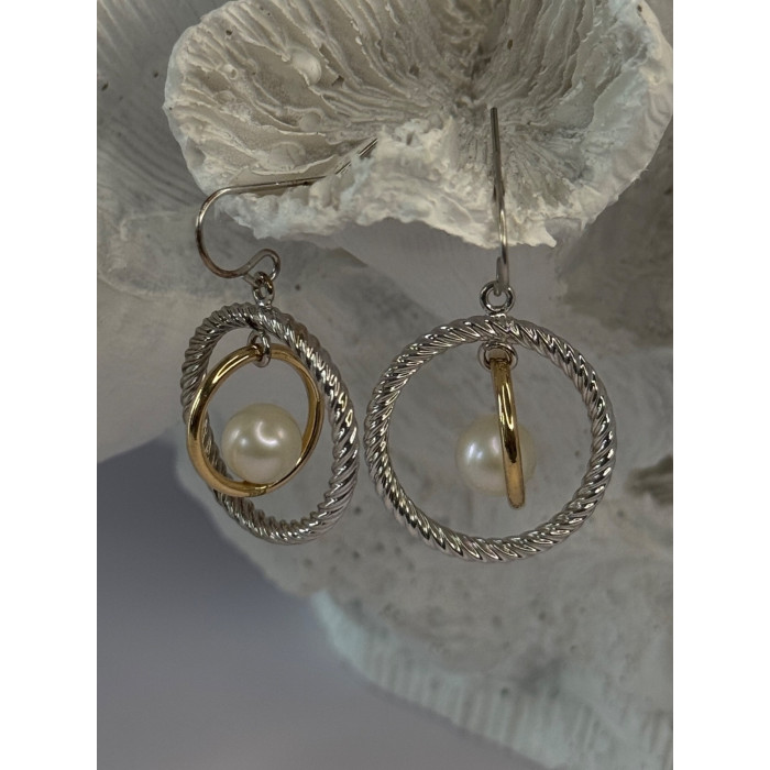 Elegant Design 925 Sterling Silver Gold Plated Part Pearl Earrings Length 1.30