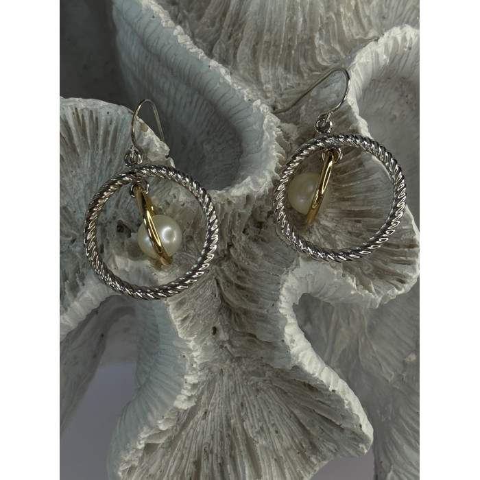 Elegant Design 925 Sterling Silver Gold Plated Part Pearl Earrings Length 1.30