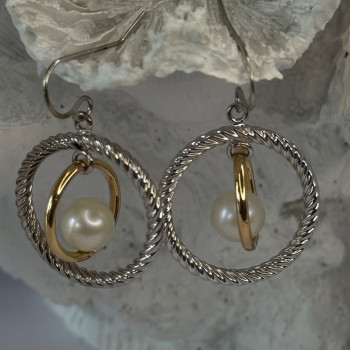 Elegant Design 925 Sterling Silver Gold Plated Part Pearl Earrings Length 1.30