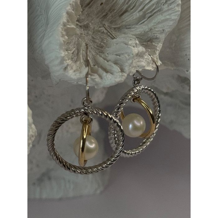 Elegant Design 925 Sterling Silver Gold Plated Part Pearl Earrings Length 1.30