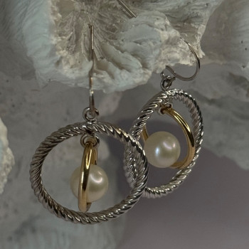 Elegant Design 925 Sterling Silver Gold Plated Part Pearl Earrings Length 1.30