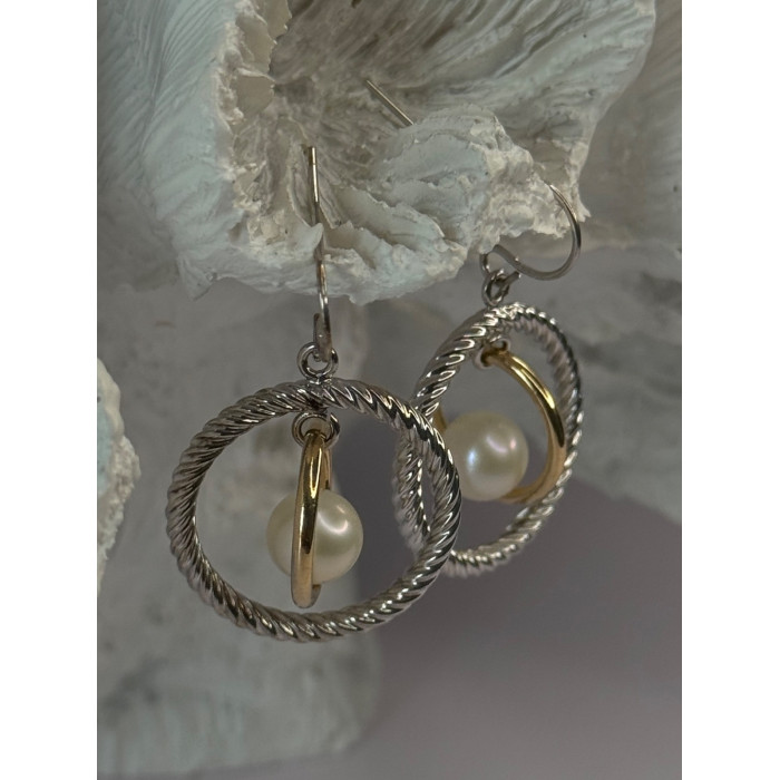 Elegant Design 925 Sterling Silver Gold Plated Part Pearl Earrings Length 1.30