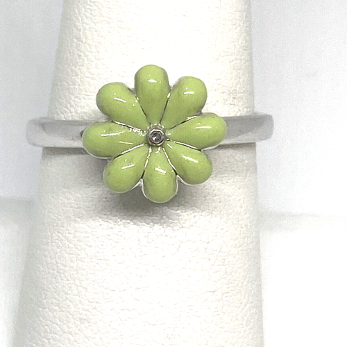 925 Sterling Silver Colorless Sapphire and Green Enamel 