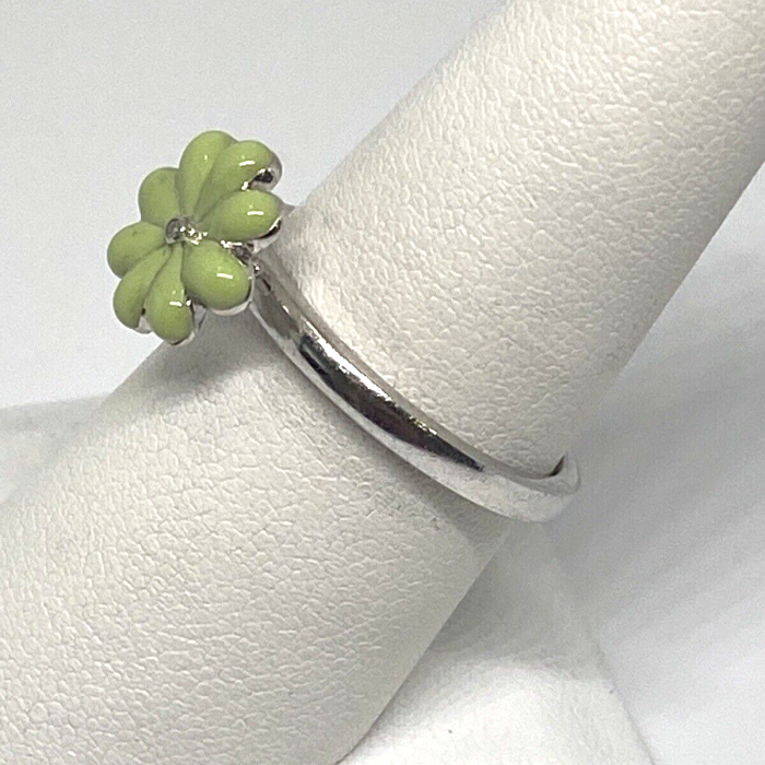 925 Sterling Silver Colorless Sapphire and Green Enamel 