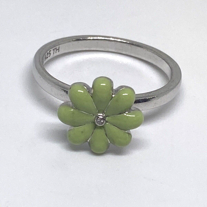 925 Sterling Silver Colorless Sapphire and Green Enamel 