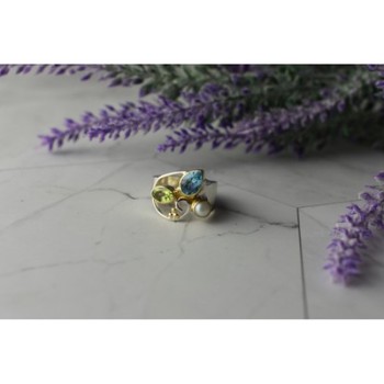 925 STERLING SILVER BLUE SPINEL, PEARL & PERIDOT RING SIZE 5.5