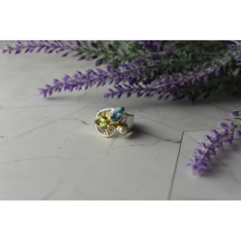 925 STERLING SILVER BLUE SPINEL, PEARL & PERIDOT RING SIZE 5.5