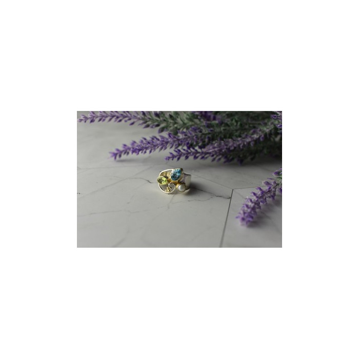 925 STERLING SILVER BLUE SPINEL, PEARL & PERIDOT RING SIZE 5.5