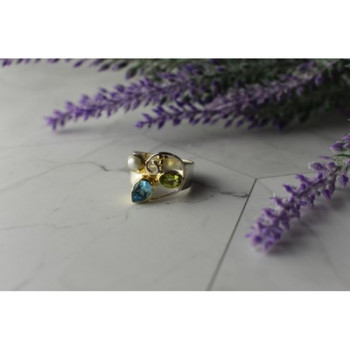 925 STERLING SILVER BLUE SPINEL, PEARL & PERIDOT RING SIZE 5.5