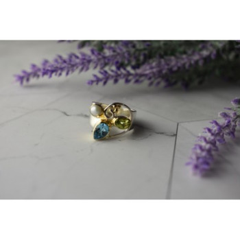 925 STERLING SILVER BLUE SPINEL, PEARL & PERIDOT RING SIZE 5.5