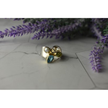 925 STERLING SILVER BLUE SPINEL, PEARL & PERIDOT RING SIZE 5.5