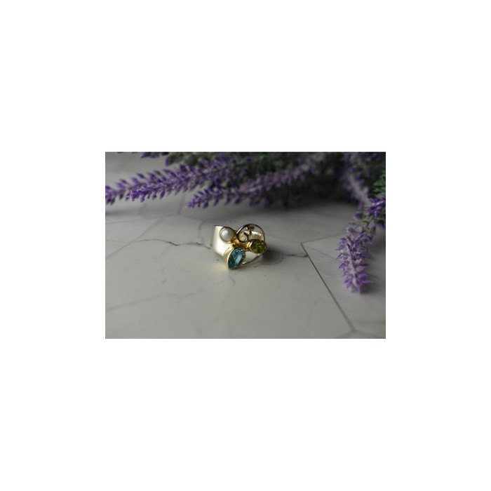 925 STERLING SILVER BLUE SPINEL, PEARL & PERIDOT RING SIZE 5.5