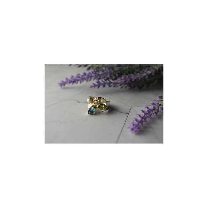 925 STERLING SILVER BLUE SPINEL, PEARL & PERIDOT RING SIZE 5.5
