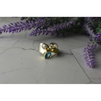 925 STERLING SILVER BLUE SPINEL, PEARL & PERIDOT RING SIZE 5.5