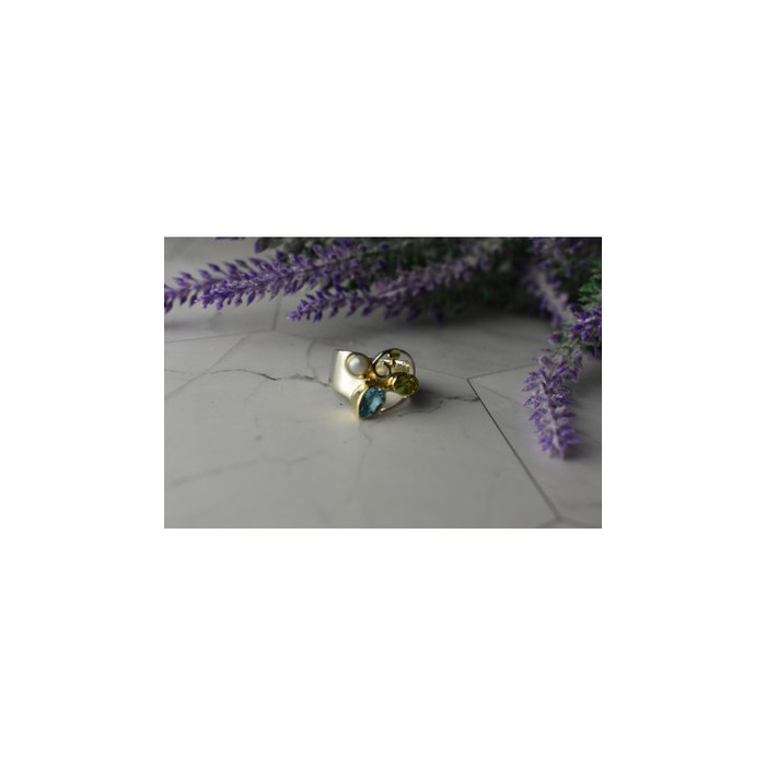 925 STERLING SILVER BLUE SPINEL, PEARL & PERIDOT RING SIZE 5.5