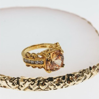 925 Sterling Silver Gold Plated Heliodor & CZ Ring Size 5.5