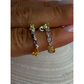 925 Sterling Silver Peridot & Amethyst & Citrine Earrings Length 0.90 inch