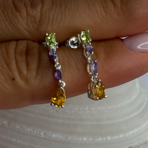 925 Sterling Silver Peridot & Amethyst & Citrine Earrings Length 0.90 Inch