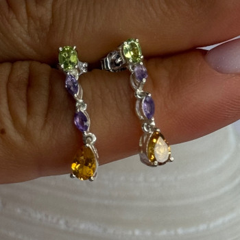 925 Sterling Silver Peridot & Amethyst & Citrine Earrings Length 0.90 Inch