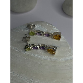 925 Sterling Silver Peridot & Amethyst & Citrine Earrings Length 0.90 inch