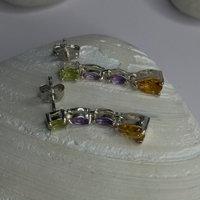 925 Sterling Silver Peridot & Amethyst & Citrine Earrings Length 0.90 Inch
