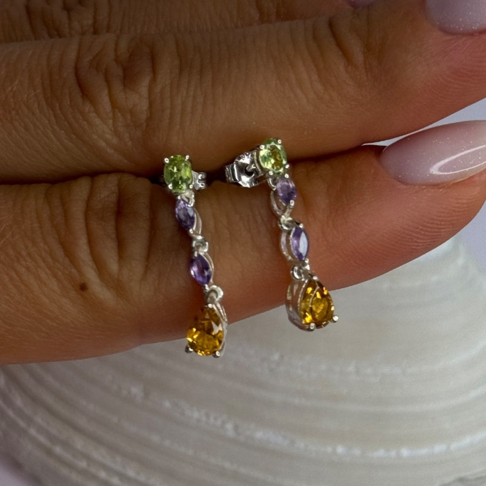 925 Sterling Silver Peridot & Amethyst & Citrine Earrings Length 0.90 Inch
