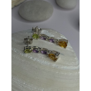 925 Sterling Silver Peridot & Amethyst & Citrine Earrings Length 0.90 inch