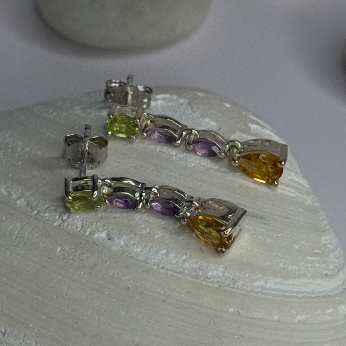 925 Sterling Silver Peridot & Amethyst & Citrine Earrings Length 0.90 Inch