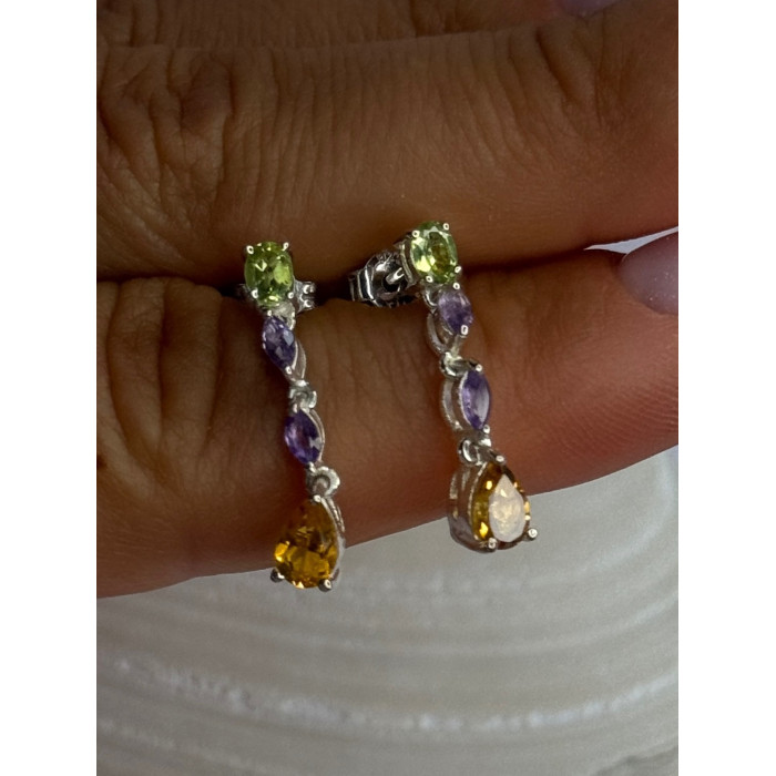 925 Sterling Silver Peridot & Amethyst & Citrine Earrings Length 0.90 inch