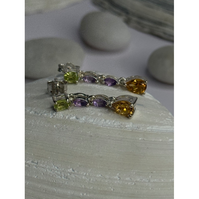 925 Sterling Silver Peridot & Amethyst & Citrine Earrings Length 0.90 inch