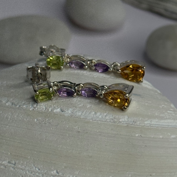 925 Sterling Silver Peridot & Amethyst & Citrine Earrings Length 0.90 Inch
