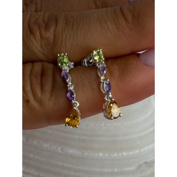 925 Sterling Silver Peridot & Amethyst & Citrine Earrings Length 0.90 inch