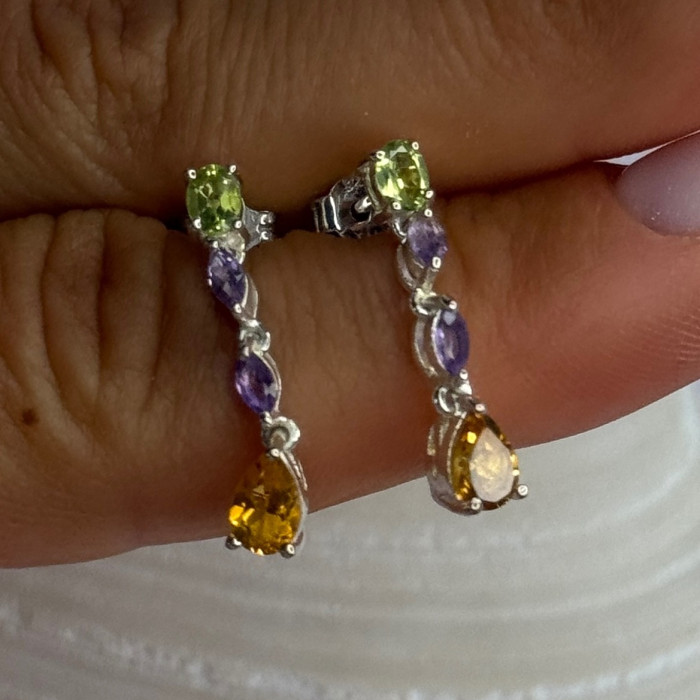 925 Sterling Silver Peridot & Amethyst & Citrine Earrings Length 0.90 Inch