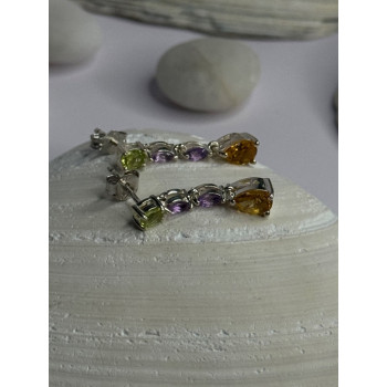 925 Sterling Silver Peridot & Amethyst & Citrine Earrings Length 0.90 inch