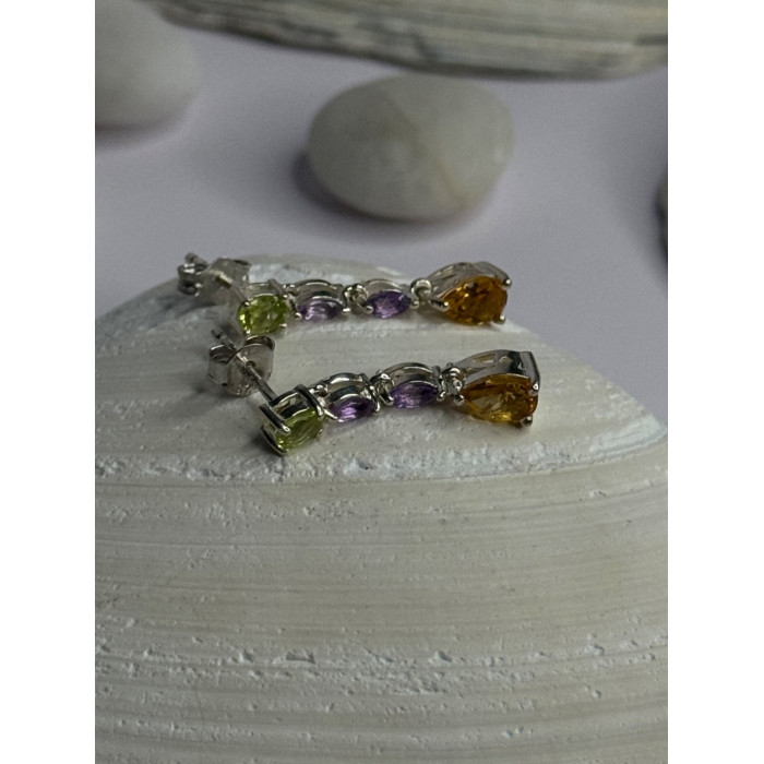 925 Sterling Silver Peridot & Amethyst & Citrine Earrings Length 0.90 inch