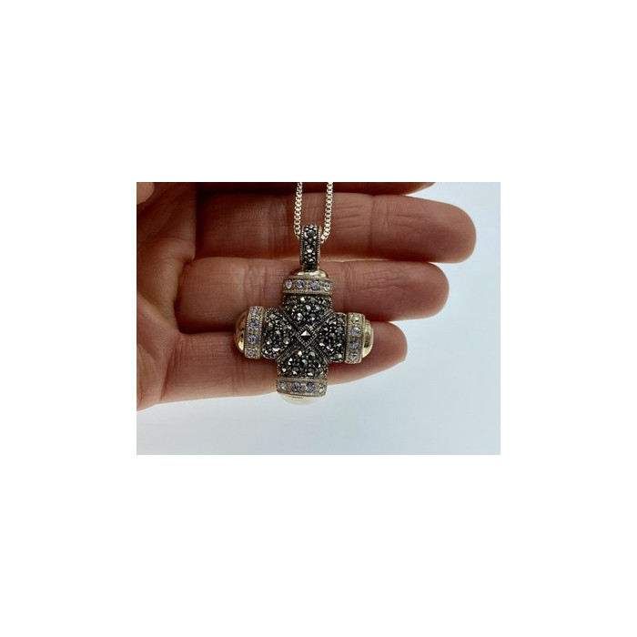 925 Sterling Silver CZ & Marcasites Chain with Cross