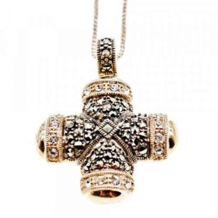 925 Sterling Silver CZ & Marcasites Chain With Cross