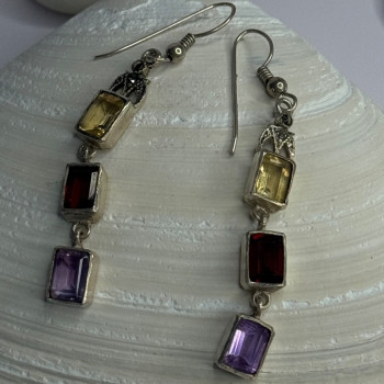 925 Sterling Silver Amethyst & Garnet & Citrine Earrings Length 2.30 Inch