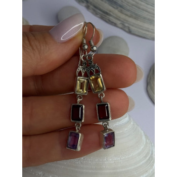 925 Sterling Silver Amethyst & Garnet & Citrine Earrings Length 2.30 inch