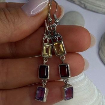 925 Sterling Silver Amethyst & Garnet & Citrine Earrings Length 2.30 Inch