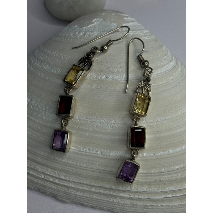 925 Sterling Silver Amethyst & Garnet & Citrine Earrings Length 2.30 inch