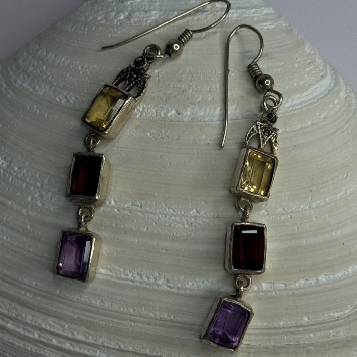 925 Sterling Silver Amethyst & Garnet & Citrine Earrings Length 2.30 Inch