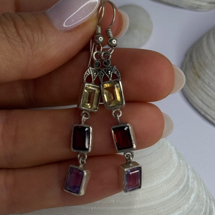925 Sterling Silver Amethyst & Garnet & Citrine Earrings Length 2.30 Inch