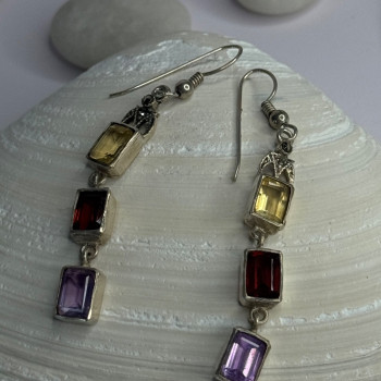 925 Sterling Silver Amethyst & Garnet & Citrine Earrings Length 2.30 Inch