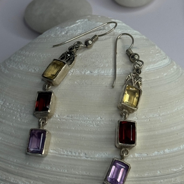 925 Sterling Silver Amethyst & Garnet & Citrine Earrings Length 2.30 Inch