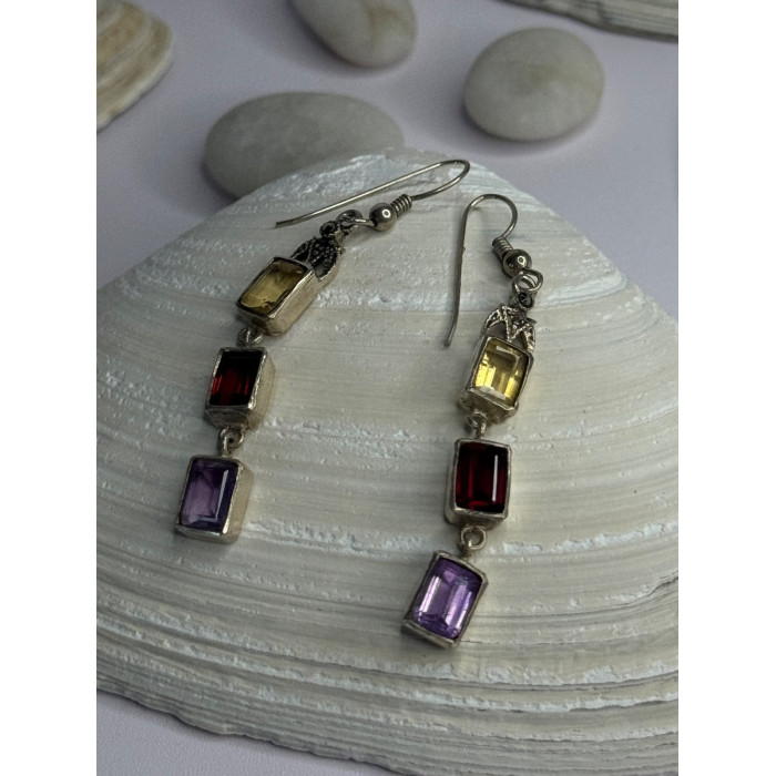 925 Sterling Silver Amethyst & Garnet & Citrine Earrings Length 2.30 inch