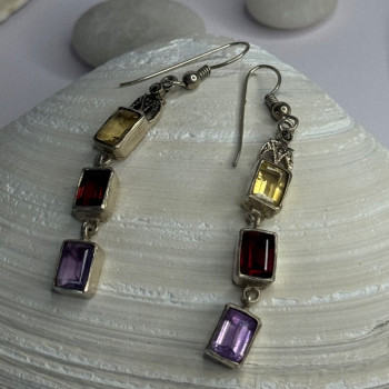 925 Sterling Silver Amethyst & Garnet & Citrine Earrings Length 2.30 Inch