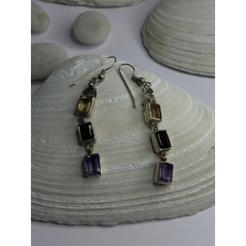 925 Sterling Silver Amethyst & Garnet & Citrine Earrings Length 2.30 inch